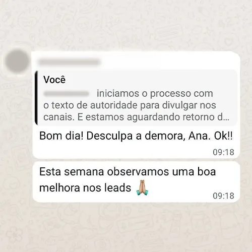 Print de WhatsApp: cirurgiã conta que nesta semana observou uma boa melhora nos leads.