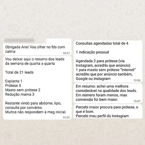 Print de WhatsApp: resumo semanal de 21 leads e 4 consultas agendadas; a cirurgiã percebe melhora considerável na qualidade dos leads e mais procura por prótese.