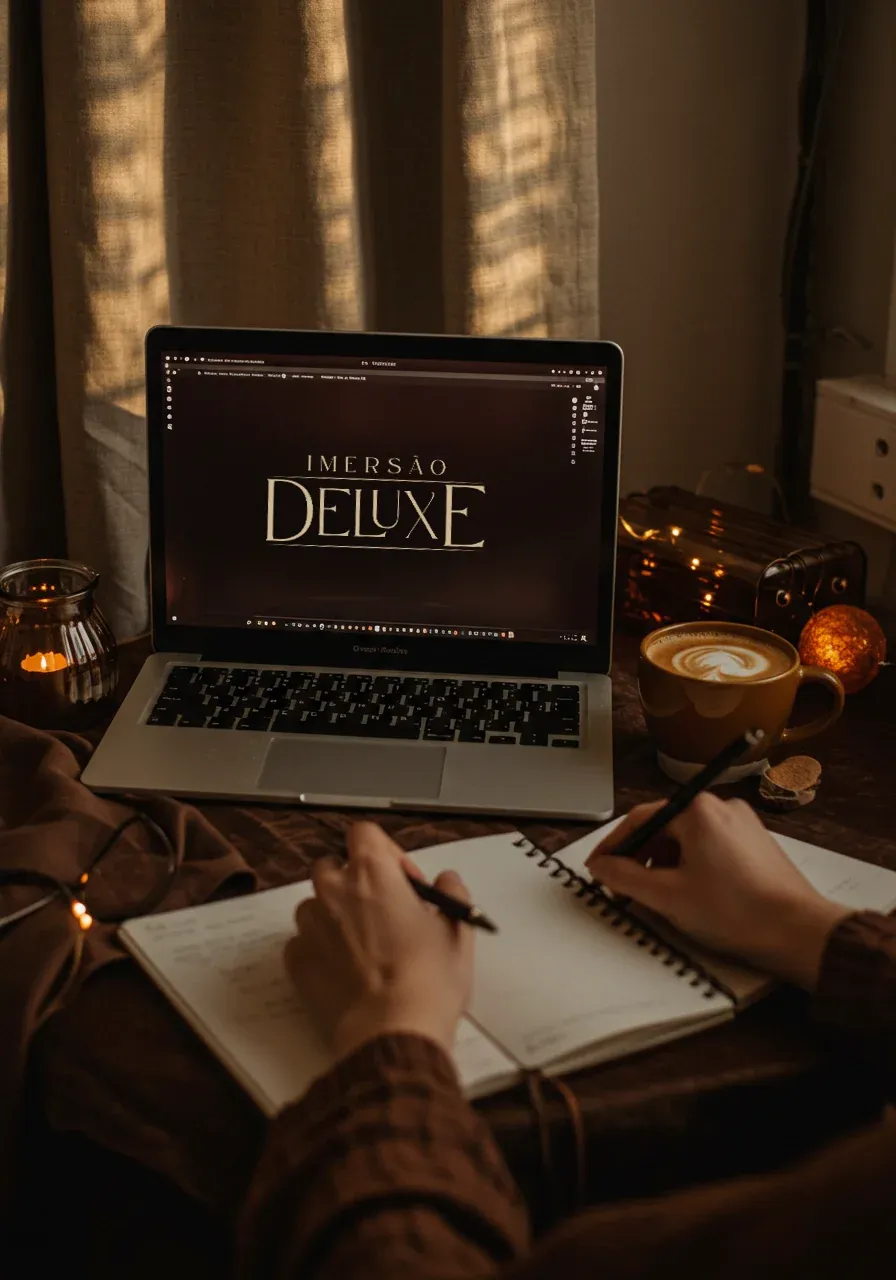 Notebook exibindo a abertura da Imersão Deluxe, com caderno e café à mesa
